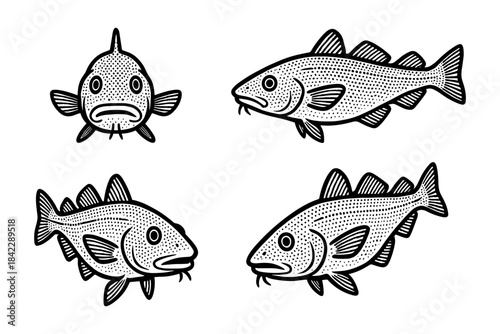 Vintage ink style fish set featuring detailed black and white illustrations