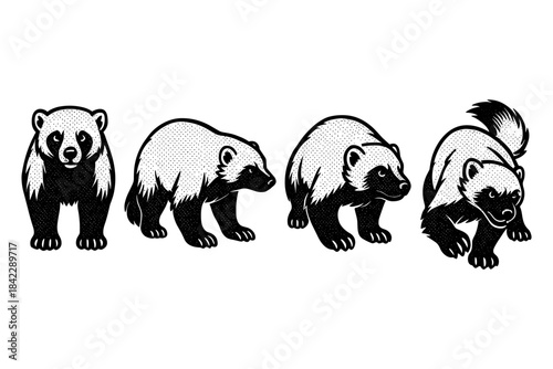 Retro style wolverines in various poses with halftone texture