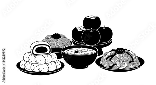Korean Traditional Holiday Food Arrangement Illustration.