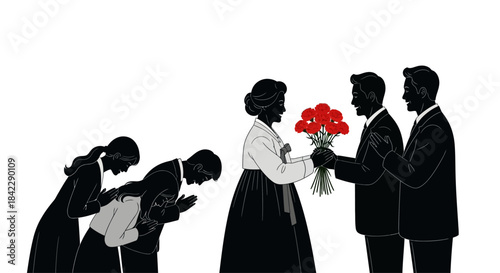 Silhouette of a Traditional Korean Greeting Ceremony.