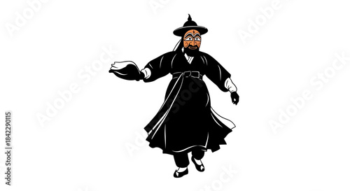 Korean traditional man in black attire with hat and beard.