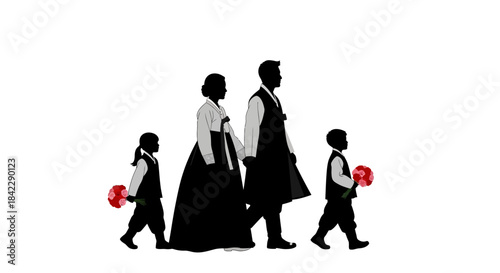 Korean Family Silhouette Walking Together in Traditional Hanbok Attire.