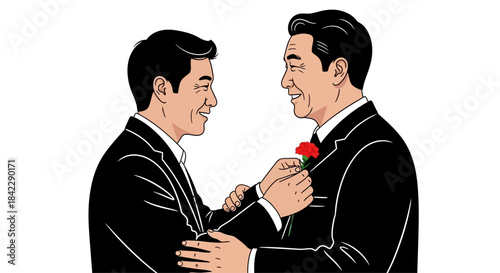 Two smiling Asian men in formal suits preparing for a special event.