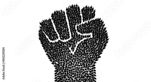 A large crowd of people forming a raised fist symbol of unity and protest.