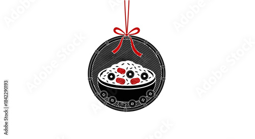 Festive ornament featuring a bowl of delicious food with colorful toppings and a decorative bow.