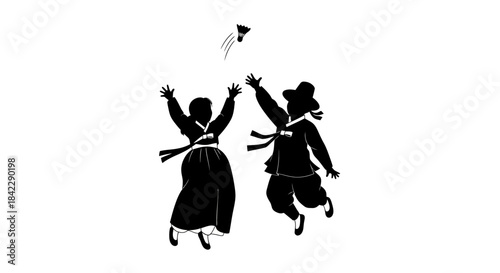 Silhouette of Two People Playing Jegichagi in Traditional Korean Clothing.