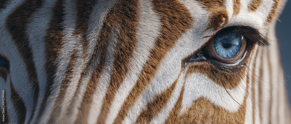 Naklejka premium Extreme close up photograph of a brown and white striped zebra's eye and fur texture
