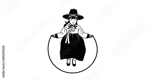 Korean girl in traditional hanbok playing jump rope.