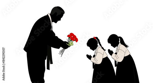 Man giving flowers to two bowing girls in a gesture of respect.
