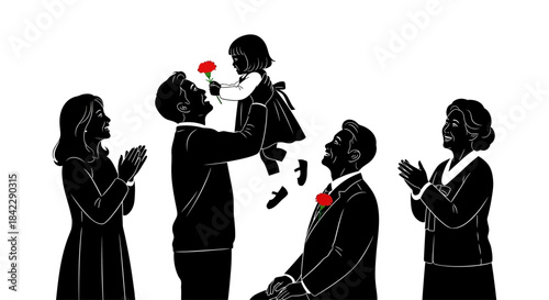 Family Celebration With Child Giving Flower.