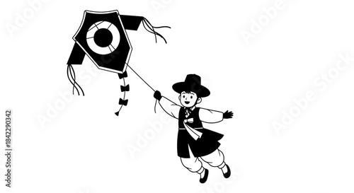 Foto Korean Boy Flying Kite - Traditional Hanbok and Childhood Joy.