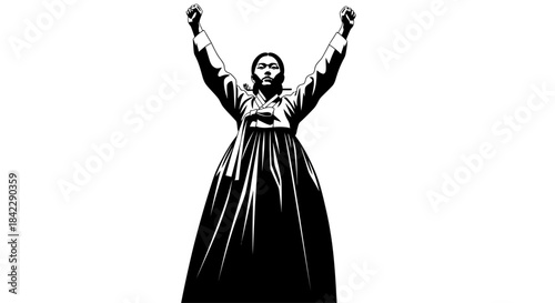 Korean woman in traditional dress with arms raised in triumph.