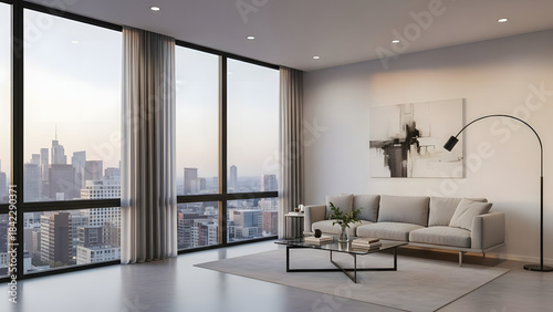 Modern apartment interior design featuring blue furniture, large window, and light contemporary living space