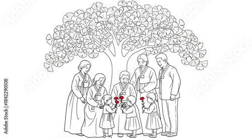 Family Gathering Under A Tree Giving Flowers.