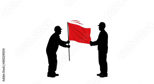 Two workers holding a red flag signaling a warning or caution.