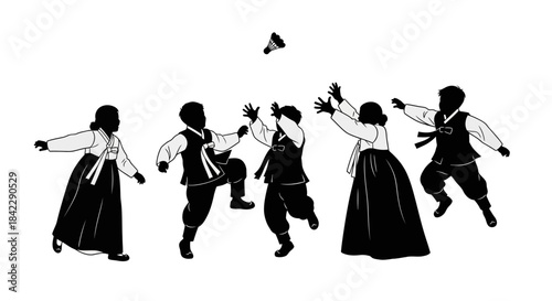 Silhouettes of people in traditional Korean hanbok playing shuttlecock game.