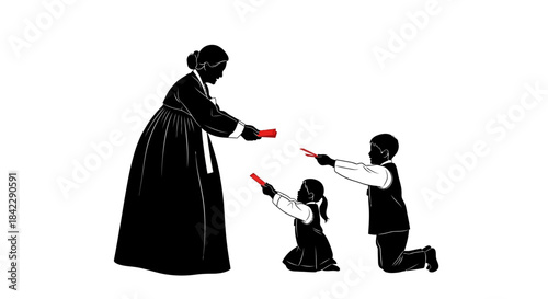 Korean woman in traditional hanbok giving gifts to two kneeling children.