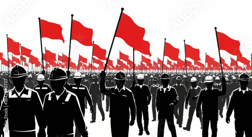 Silhouettes of people holding red flags in a large crowd.