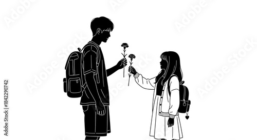 Black and white illustration of a boy giving flowers to a girl.