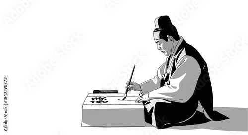 Korean man in traditional attire practicing calligraphy with a brush and ink.