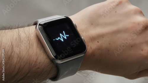 Smartwatch on a wrist displaying a digital heartbeat EKG waveform for health monitoring.