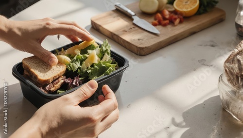 Lunchbox with sandwich and salad on a table.