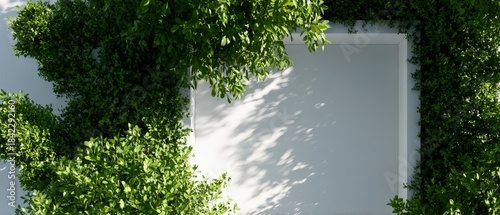 Lush green foliage borders a bright white rectangular frame against a soft blue sky background