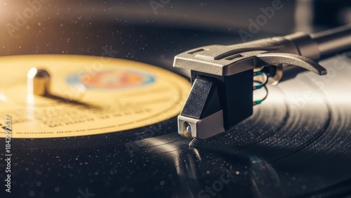 Vintage Turntable Needle Playing Vinyl Record with Dust Particles in Warm Lighting
