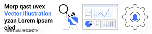 Person holding magnifying glass, analyzing data charts, gear with notification bell icon. Ideal for analytics, business, research, notifications, teamwork, management simple landing page