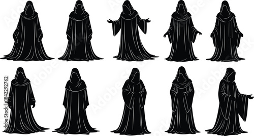Hooded robed figure silhouette set, black mysterious character poses, cultist vector design, fantasy clipart, ritual illustration for stock content