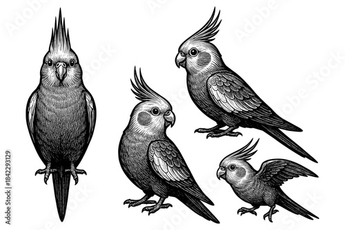 Intricate engraved cockatiels set: detailed vintage bird art collection
