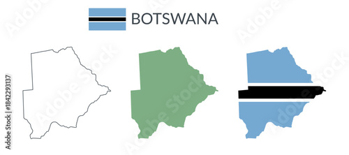 Botswana geographical borders isolated on white background. Flag of Botswana. Vector flat cliparts.