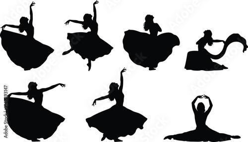 Silhouette collection of female dancers in flowing dresses performing expressive artistic movements, dynamic dance poses vector illustration for creative cultural, festival, and performance design 