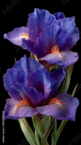 Detailed close up of vibrant purple iris blossoms showcasing fine veining against a solid black background