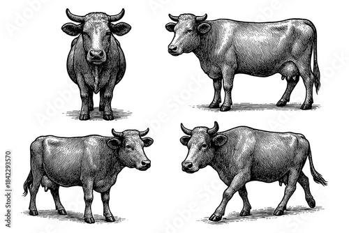 Engraved cattle in various poses highlighted in detailed vintage style