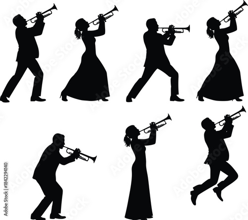 Silhouette collection of male and female trumpet players performing dynamic musical poses, elegant musician figures in expressive jazz performance vector illustration for creative artistic designs