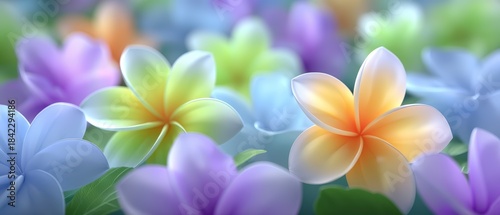 Close up of vibrant plumeria blossoms in soft pastel hues with selective focus