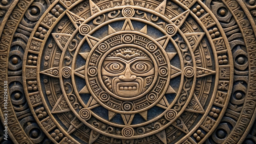 Obraz premium Ancient stone carving depicting sun god with intricate details and patterns