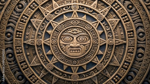 Ancient stone carving depicting sun god with intricate details and patterns