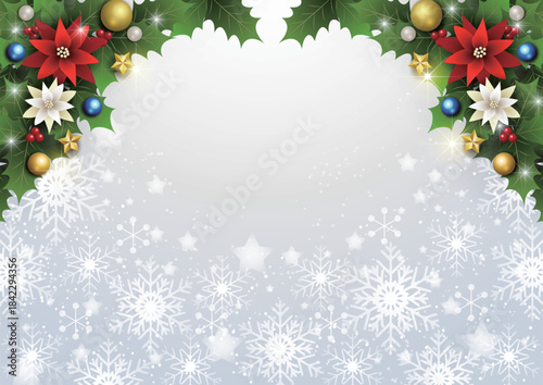 クリスマス背景、雪の結晶と星、銀色、キラキラ、かわいい、イラスト、横