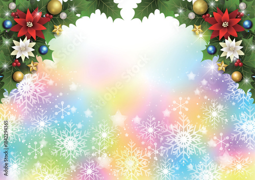 クリスマス背景、雪の結晶と星、虹色、キラキラ、かわいい、イラスト、横