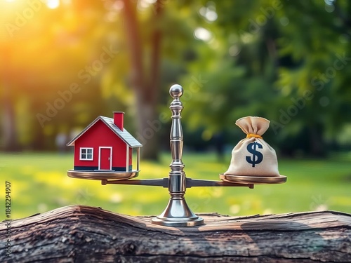 Symbolic scales weigh a house and money bag on park wood, representing choices for property purchase or business investment,  money bag,  finance