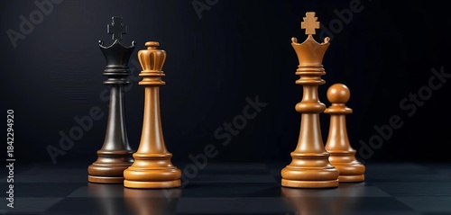 Two majestic wooden chess kings stand opposite each other on a dark surface,   dark,   polished