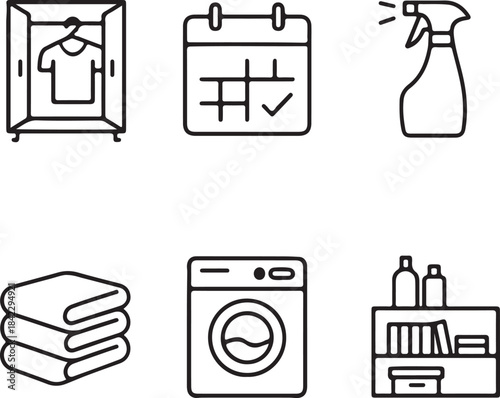 A collection of line icons representing laundry day activities and household cleaning tasks