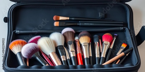 Varied professional makeup brushes in a stylish, organized case,   sponge,   lipstick brush