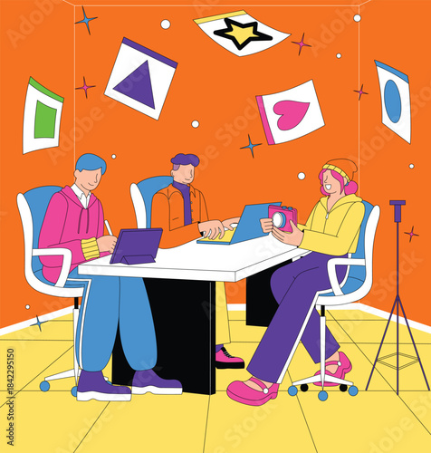 Creative Team Meeting in Studio Space for Content Planning and Visual Direction