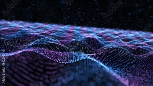 Abstract digital wave background with flowing particles and glowing lines, futuristic technology concept.