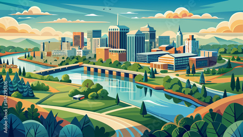 Very beautiful panoramic aerial view of Richmond showing the flowing James River, modern downtown buildings, and calm natural surroundings, designed as a clean and elegant landscape composition for