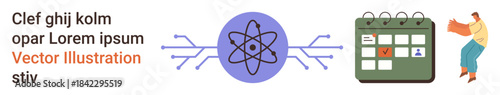 Science, productivity, scheduling, technology, research, management. Atomic symbol with circuit lines, a calendar with a marked date and a person. Science and productivity concepts