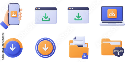 Modern digital download icons collection showcasing mobile device download buttons web browser download symbols laptop download interface circular download elements and folder document download graphi